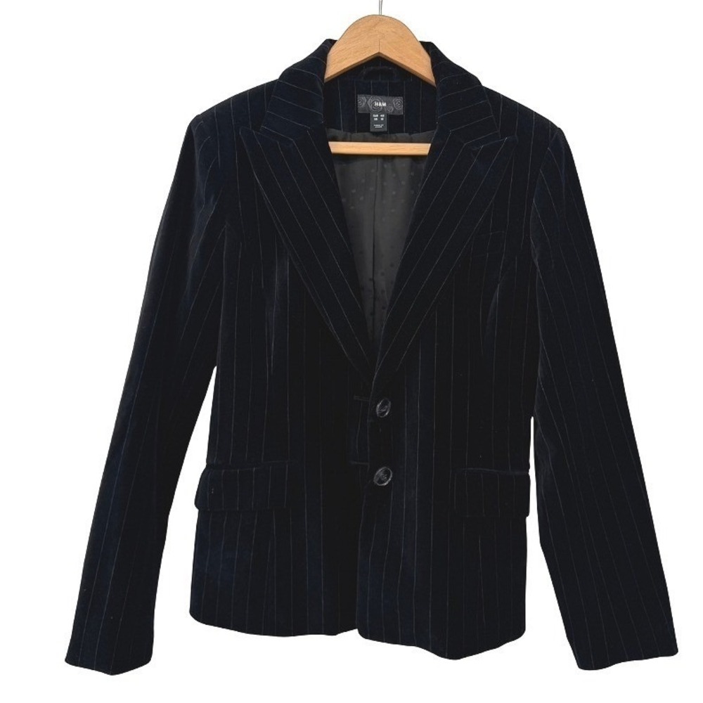 H&M Black Striped Velvet Single Breasted 2 Button Blazer Dressy Elevated Size 10